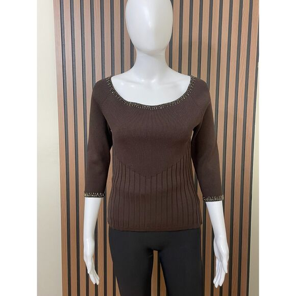 Cache Women's M Brown Blouse Silk Top Beaded Y2k Boho Scoop Neck Vintage - Picture 1 of 9